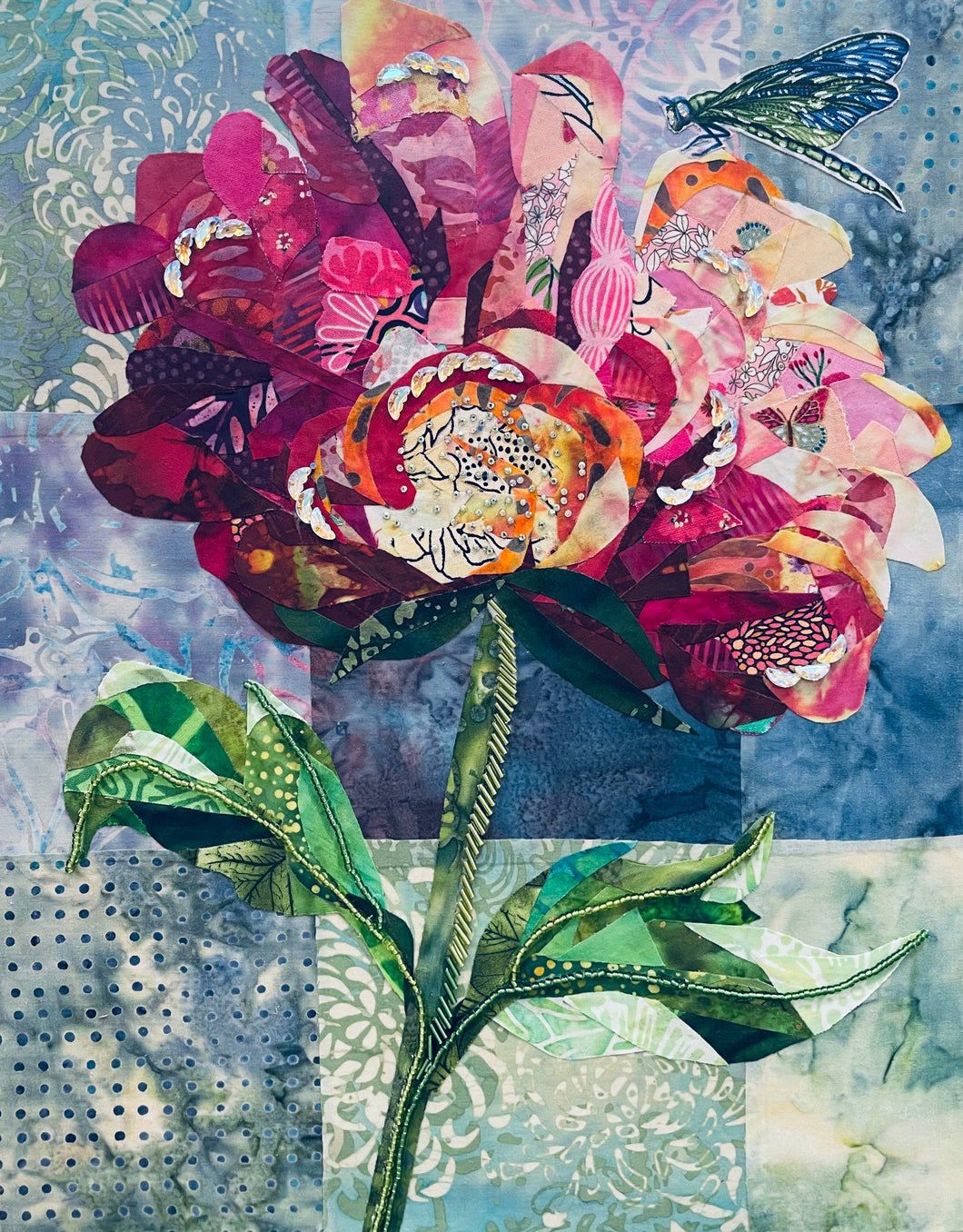 Original fabric peony artwork 11x14, large peony in magenta crimson blush pink peach batik fabric, crystal bead center, Czech glass bead stem, patchwork blue grey background, paper dragonfly detail, birch panel, Floral Botanical Collection, Robyn Moore Arts