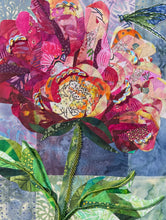 Close detail of Czech glass bead and crystal embellishment on original fabric peony artwork Where Light Lands by Robyn Moore Arts, showing bead work at flower center and along fabric stem against layered batik petal fabric