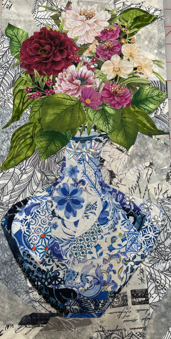 Floral still life wall art in fabric layered collage arrangement and blue Chinoiserie patterned vase on textured background 