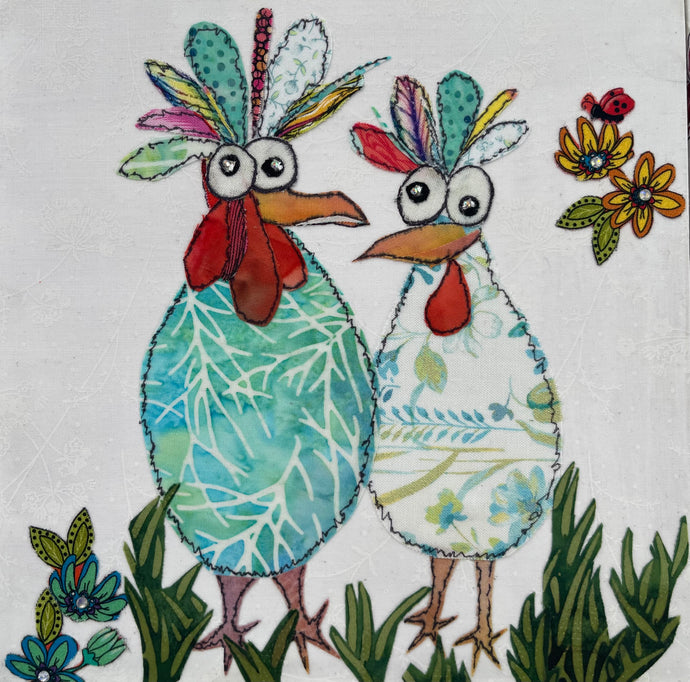 Whimsical bird artwork made with layered fabric and mixed media, featuring expressive birds in soft neutral and green tones with textured stitched looking details 
