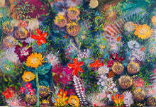 Original large format botanical acrylic painting 36x24 inches, densely layered garden composition with sunflowers protea artichoke blooms red lilies white wildflowers and lush green foliage in yellow orange red magenta and deep blue green, textured dimensional surface, gallery wrapped canvas, part of the Floral and Botanical and Where Color Takes Root Collections by Robyn Moore Arts