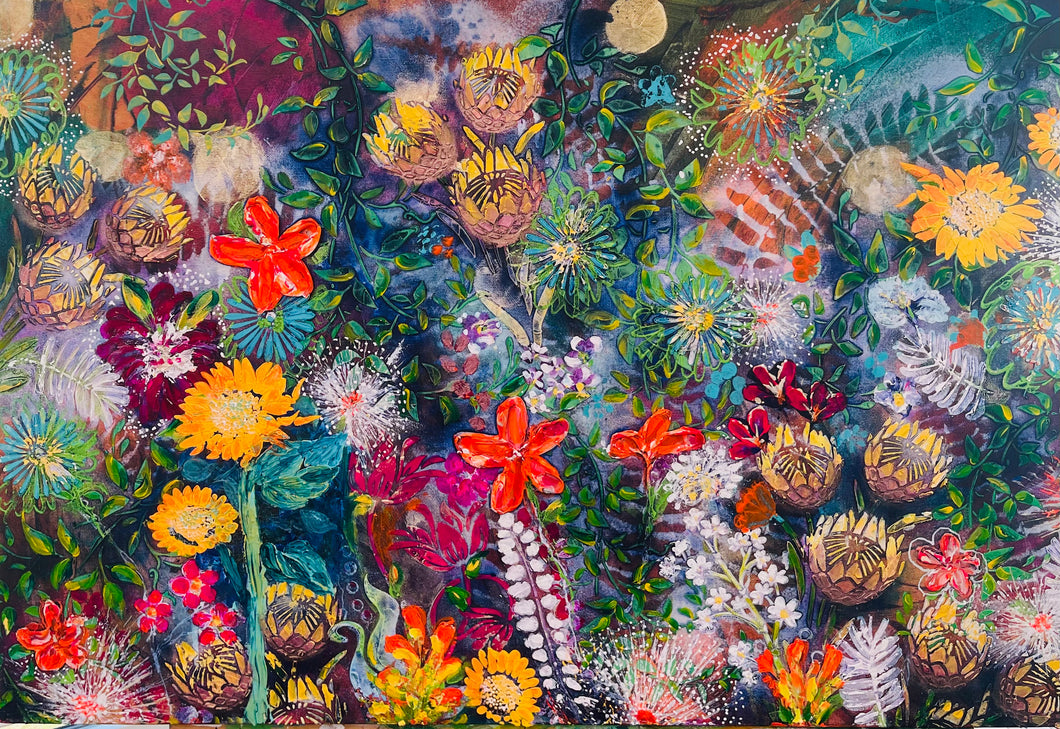 Original large format botanical acrylic painting 36x24 inches, densely layered garden composition with sunflowers protea artichoke blooms red lilies white wildflowers and lush green foliage in yellow orange red magenta and deep blue green, textured dimensional surface, gallery wrapped canvas, part of the Floral and Botanical and Where Color Takes Root Collections by Robyn Moore Arts