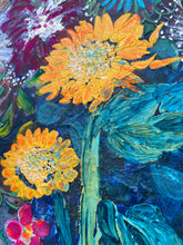 Close detail of textured acrylic surface on original botanical painting Where the Garden Overflows by Robyn Moore Arts, showing dimensional texture medium building protea and artichoke bloom forms in warm gold and yellow against deep moody blue green background