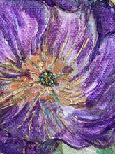 Close-up of a stylized purple flower with a textured surface and crystal accents in center of flower