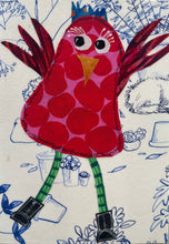 Whimsical red fabric collage bird with raised wings, green legs, and black boots on a softly illustrated background