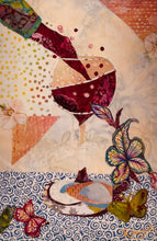 Original wine glass fabric artwork 8x12 inches, burgundy wine pouring into a glass with Swarovski crystal droplets, rainbow butterfly and floral accents, patchwork background, framed, Whimsical Companions Collection, Robyn Moore Arts