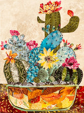 Original cactus garden fabric artwork 9x12 inches, patchwork amber rust terracotta pot, Czech glass bead detail, Swarovski crystal blooms, birch panel, Floral Botanical Collection, Robyn Moore Arts