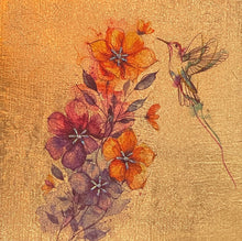 Original hummingbird mixed media artwork 8x8 inches, fine line hummingbird in watercolor wash over rust, gold, and plum blossoms with Swarovski crystal centers, gold leaf ground, birch panel, Golden Hour Collection, Robyn Moore Arts