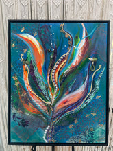 Original botanical mixed media artwork 24x30 inches, large upward bloom in teal orange and plum fabric with gold leaf edges, threaded with found jewelry and a Swarovski crystal chain, gallery wrapped canvas, Floral Botanical Collection, Robyn Moore Arts
