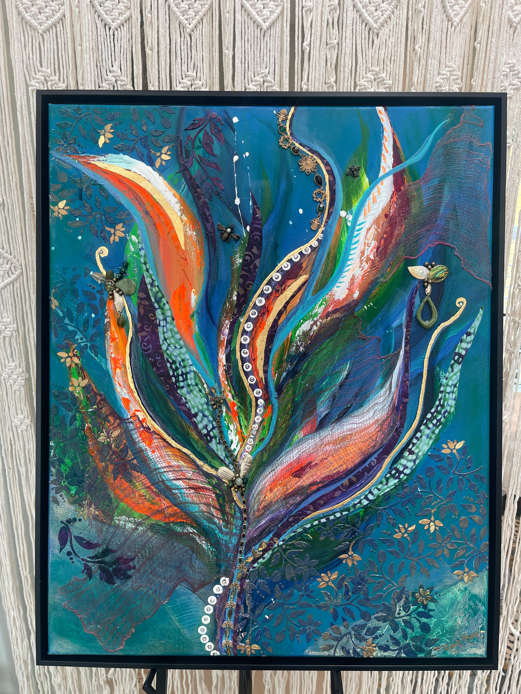 Original botanical mixed media artwork 24x30 inches, large upward bloom in teal orange and plum fabric with gold leaf edges, threaded with found jewelry and a Swarovski crystal chain, gallery wrapped canvas, Floral Botanical Collection, Robyn Moore Arts