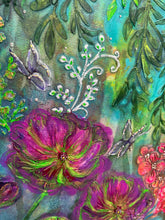 Close detail of scattered Swarovski crystal accents on butterfly wings and berry clusters on Where the Wild Grows by Robyn Moore Arts, layered acrylic garden foliage