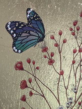 Close detail of Swarovski crystal wing accents on Quiet Landing by Robyn Moore Arts, watercolor image transfer berries on gold leaf