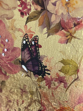 Close detail of Swarovski crystal flower centers and a plum butterfly on Full Bloom by Robyn Moore Arts, watercolor image transfer roses on gold leaf
