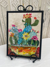 Original cactus garden fabric artwork 9x12 inches, patchwork amber rust terracotta pot, Czech glass bead detail, Swarovski crystal blooms, birch panel, Floral Botanical Collection, Robyn Moore Arts