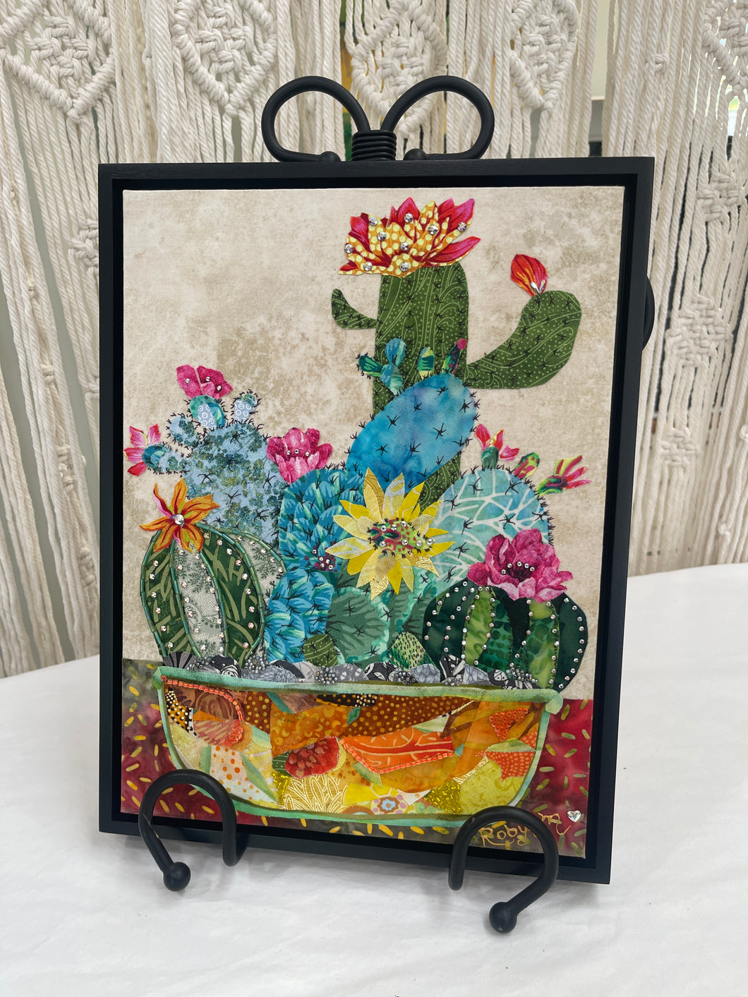 Original cactus garden fabric artwork 9x12 inches, patchwork amber rust terracotta pot, Czech glass bead detail, Swarovski crystal blooms, birch panel, Floral Botanical Collection, Robyn Moore Arts