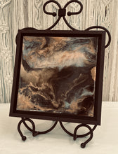 Original abstract resin artwork 8x8 inches, dominant black field with pale grey band and raw copper-gold fracture edge, shimmer pigment, wood panel, Fragments of Light Collection, Robyn Moore Arts