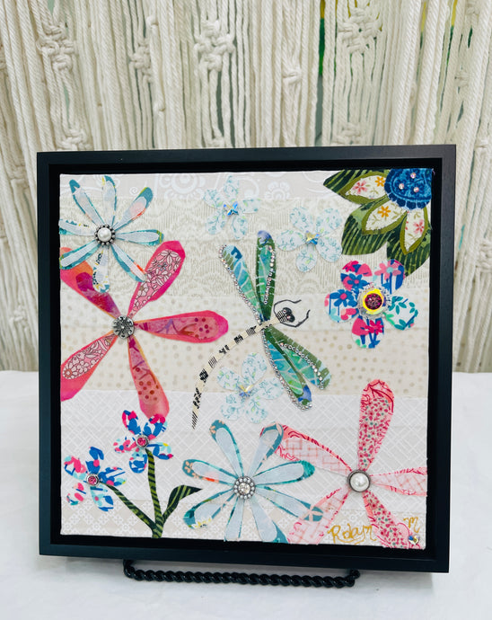 Original floral fabric artwork 8x8 inches, jeweled fabric flowers with pearl and rhinestone button centers surrounding a Swarovski crystal dragonfly, ivory striped background, birch panel, Floral Botanical Collection, Robyn Moore Arts