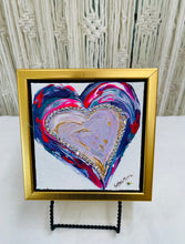 Original abstract heart artwork 5x5 inches, bold heart shape in navy teal magenta and crimson acrylic with Swarovski crystal outline and blush gold interior, gallery wrapped canvas, Where Color Takes Root Collection, Robyn Moore Arts