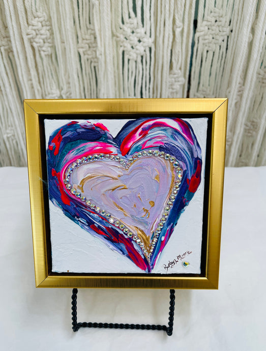 Original abstract heart artwork 5x5 inches, bold heart shape in navy teal magenta and crimson acrylic with Swarovski crystal outline and blush gold interior, gallery wrapped canvas, Where Color Takes Root Collection, Robyn Moore Arts