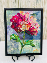 Original fabric peony artwork 11x14, large peony in magenta crimson blush pink peach batik fabric, crystal bead center, Czech glass bead stem, patchwork blue grey background, paper dragonfly detail, birch panel, Floral Botanical Collection, Robyn Moore Arts