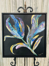 Elegant abstract botanical flower with blue and violet tones and gold leaf accents on a dark background