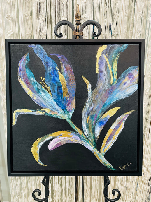 Elegant abstract botanical flower with blue and violet tones and gold leaf accents on a dark background