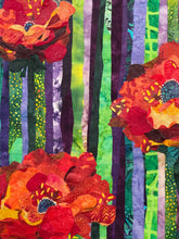 Close detail of layered batik fabric poppy petals on original fabric floral with Swarovski crystals artwork Where They Open by Robyn Moore Arts, showing richly patterned crimson orange and gold fabric layers building dimensional poppy bloom form