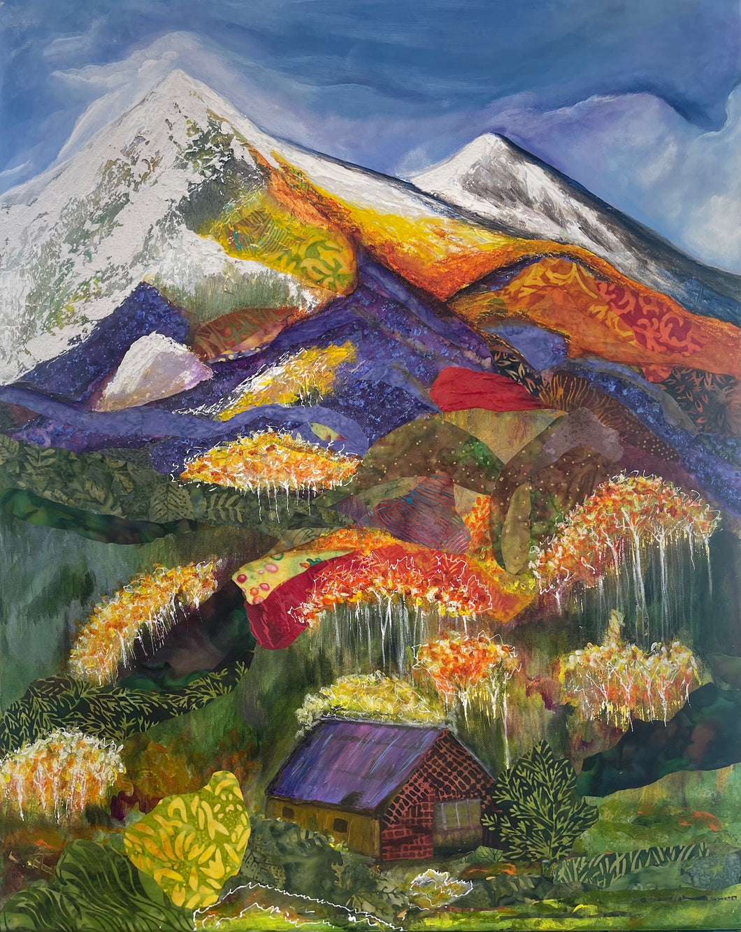 Original acrylic and fabric mixed media mountain landscape painting 24x30 inches, twin snow capped peaks, layered fabric hills in violet orange and gold, fiery autumn trees with white linework, stone cottage in green meadow, gallery wrapped canvas, part of the Where Color Takes Root Collection by Robyn Moore Arts