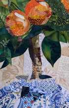 Close detail of vintage paper ephemera background and Czech glass bead embellishment on original fabric botanical artwork Heavy with Sweetness by Robyn Moore Arts, showing layered handwritten letters sheet music and printed text beneath fabric blooms