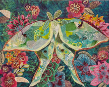 Original mixed media luna moth artwork 16x20 inches, large luna moth with patchwork fabric wings in sage, celadon and cream with gold foil detail, crystals and Czech glass beads, set against a deep teal background of painted florals in magenta, crimson and blue, on birch panel, part of the Floral and Botanical and Whimsical Companions Collections