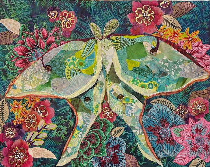 Original mixed media luna moth artwork 16x20 inches, large luna moth with patchwork fabric wings in sage, celadon and cream with gold foil detail, crystals and Czech glass beads, set against a deep teal background of painted florals in magenta, crimson and blue, on birch panel, part of the Floral and Botanical and Whimsical Companions Collections