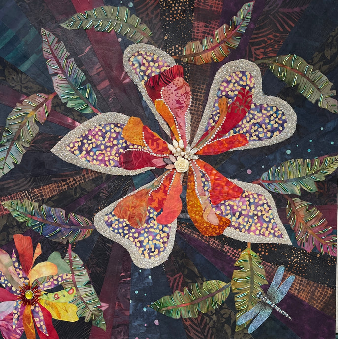Original mixed media botanical artwork 20x20 inches, large heart-shaped petal flower in violet, coral and crimson batik fabric densely beaded with Czech glass beads and crystal outlined edges, vintage rose center embellishment, paper dragonfly detail, deep moody navy and teal fabric background with tropical fronds, on birch panel, part of the Floral and Botanical Collection