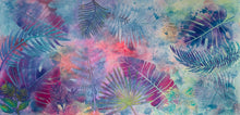 Original large format botanical acrylic painting 24x48 inches, ethereal wash of periwinkle blue lavender coral and peach with tropical leaf silhouettes in teal violet and magenta created through stenciling and nature printing over real leaves, beach sand and texture paste surface detail, gallery wrapped canvas, part of the Where Color Takes Root Collection by Robyn Moore Arts