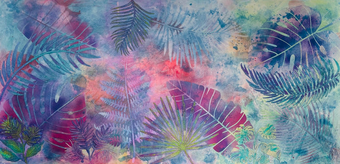 Original large format botanical acrylic painting 24x48 inches, ethereal wash of periwinkle blue lavender coral and peach with tropical leaf silhouettes in teal violet and magenta created through stenciling and nature printing over real leaves, beach sand and texture paste surface detail, gallery wrapped canvas, part of the Where Color Takes Root Collection by Robyn Moore Arts