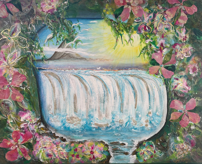 Original acrylic and fabric mixed media floral waterfall painting 24x30 inches, cascading white and aqua waterfall with gold detail, oversized pink blooms and lush green foliage border, luminous sky and distant island beyond, gallery wrapped canvas, part of the Where Color Takes Root and Floral and Botanical Collections by Robyn Moore Arts