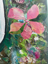 Close detail of layered fabric petals and gold botanical embellishment on original mixed media floral waterfall painting Through the Veil by Robyn Moore Arts, showing oversized pink bloom with fabric texture and gold detail