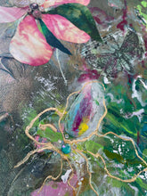 Close detail of layered fabric petals and gold botanical embellishment on original mixed media floral waterfall painting Through the Veil by Robyn Moore Arts, showing oversized pink bloom with fabric texture and gold detail