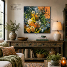 Original textured acrylic botanical painting Where Earth Holds Light by Robyn Moore Arts displayed above a natural wood console in a warm neutral living room