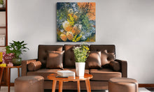 Original textured acrylic botanical painting Where Earth Holds Light by Robyn Moore Arts displayed above a leather sofa in a warm neutral living room or study