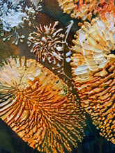 Close detail of texture paste dimensional surface on original acrylic botanical painting Where Earth Holds Light by Robyn Moore Arts, showing two dimensional banksia bloom forms built up with texture paste in warm peach orange and gold