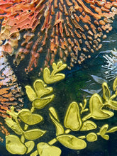 Close detail of texture paste dimensional surface on original acrylic botanical painting Where Earth Holds Light by Robyn Moore Arts, showing three dimensional wildflower forms built up with texture paste in warm peach orange and gold
