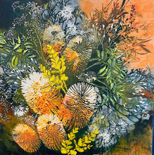 Original textured acrylic botanical painting 24x24 inches, dense composition of banksia blooms and wild botanical forms in peach burnt orange golden yellow and deep green with texture paste dimensional detail, gallery wrapped canvas, part of the Where Color Takes Root and Floral and Botanical Collections by Robyn Moore Arts
