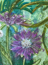 Close detail of and crystal embellishment on original acrylic botanical painting Where the Wild Grows by Robyn Moore Arts, showing deep violet wildflower center with crystal dewdrop embellishment