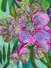 Close detail of crystal embellishment on original acrylic botanical painting Where the Wild Grows by Robyn Moore Arts, showing deep violet wildflower with crystal center dewdrop embellishment