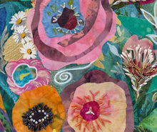 Close detail of Czech glass bead and crystal flower centers on original mixed media botanical painting Where the Garden Sings by Robyn Moore Arts, showing navy bead starburst and coral bead radiant detail against orange and peach fabric blooms