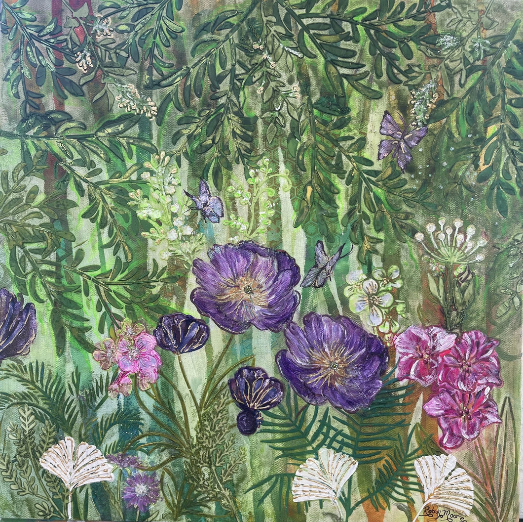 Original botanical acrylic painting 20x20 inches, lush green garden composition with deep violet and purple poppies cascading olive foliage hot pink blooms white ginkgo fans painted purple butterflies gold foil pen detail and crystal embellishment, gallery wrapped canvas, part of the Floral and Botanical and Where Color Takes Root Collections by Robyn Moore Arts