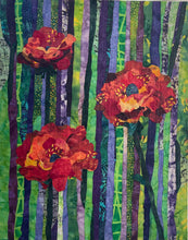 Original all fabric floral collage artwork 20x16 inches, three bold poppy blooms in crimson burnt orange and golden yellow batik fabric against vertical striped batik background in purple lavender green and yellow, presented in deep black frame, part of the Floral and Botanical Collection by Robyn Moore Arts