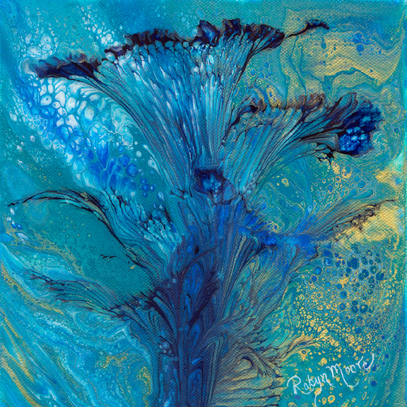 abstract fluid acrylic painting with vibrant blue green colors and flower