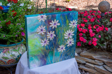 abstract fluid acrylic white daisy painting with texture and vibrant blue colors