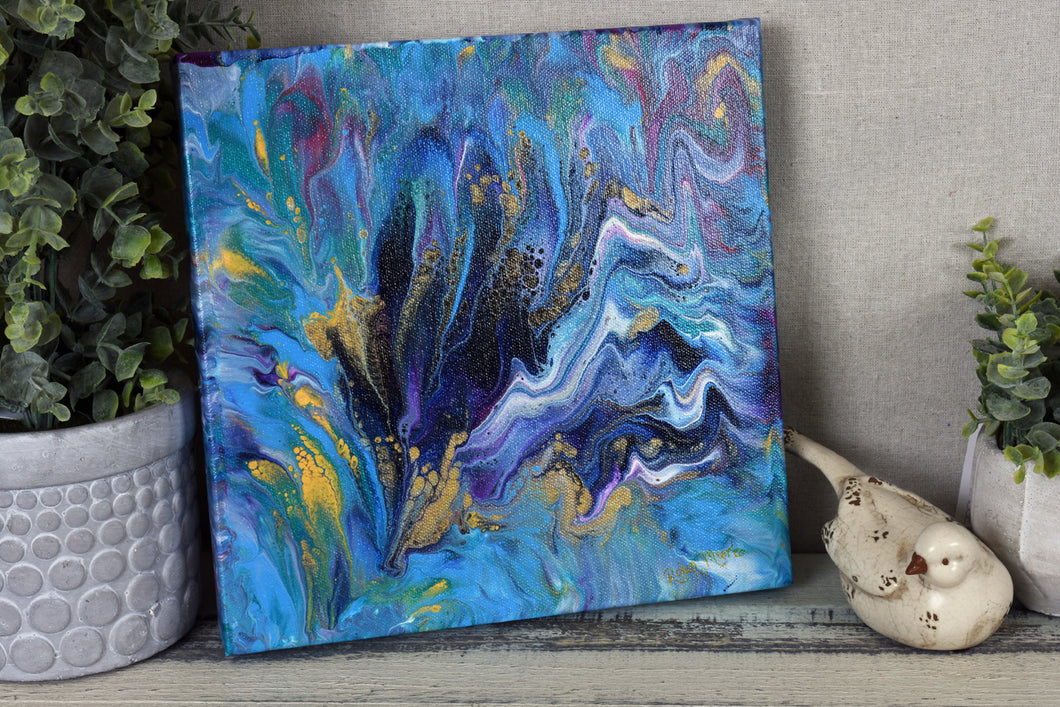 abstract fluid in blues teal gold and black